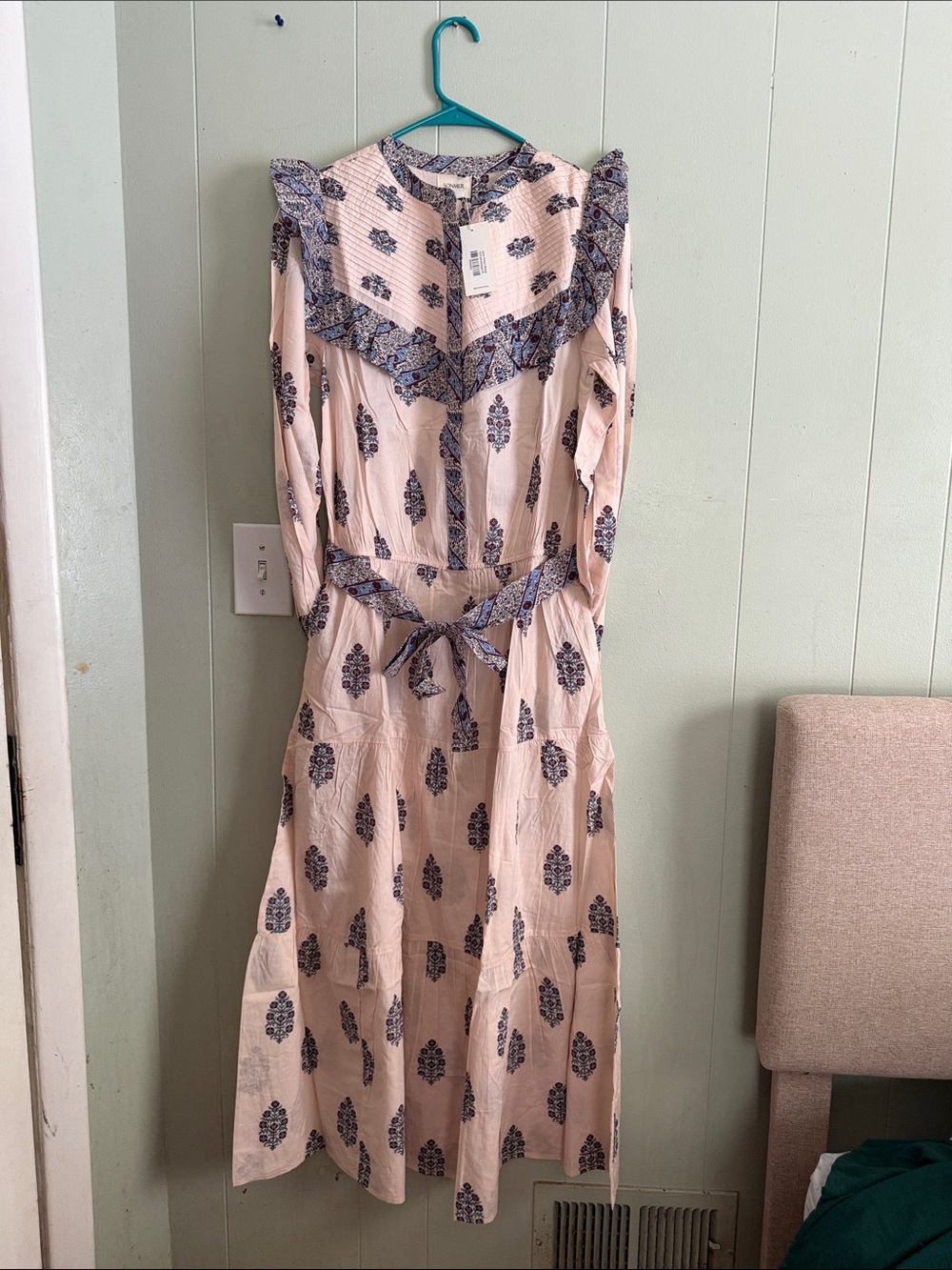 Bohemian White Maxi Dress with Indigo Print and Ruffle Collar